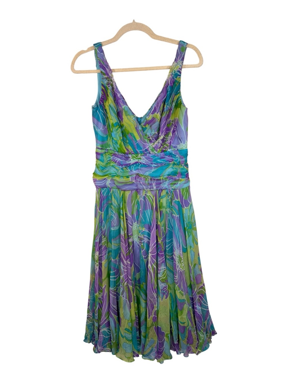 Tadashi Collection Blue Green Purple Silk Empire Waist Dress Womens 6 Spring Y2K